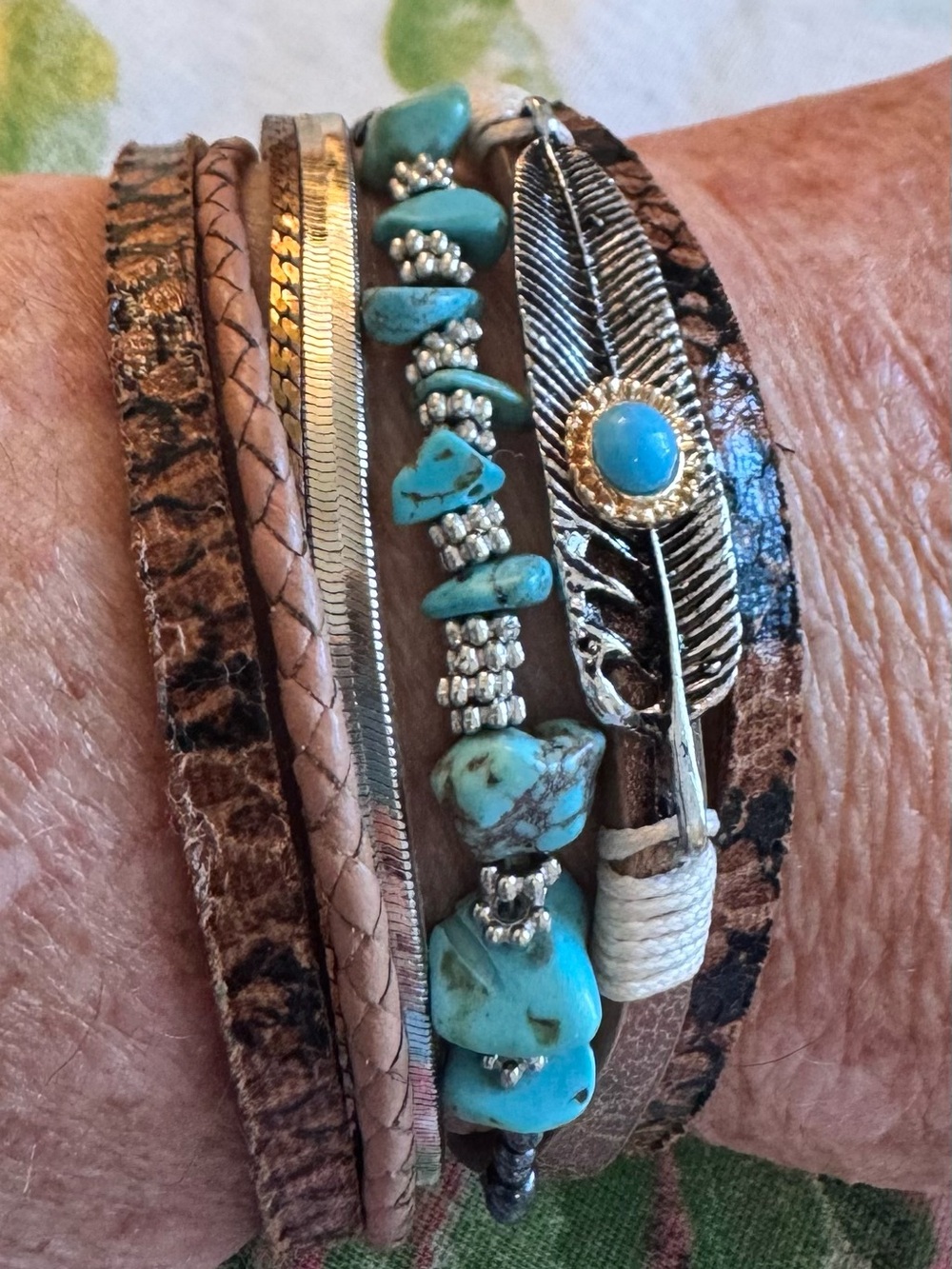 Boho Turquoise Chip Multi-Strand Wrap Bracelet with Feather Accent